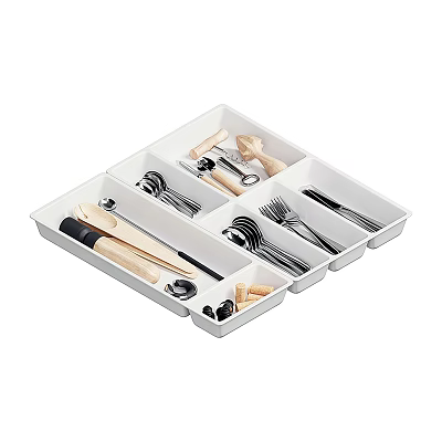 White Multi Compartment Cutlery Organizer with Spoons Forks Knives and Wooden Handles 3d model