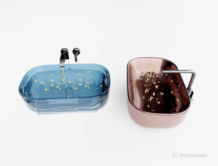 Modern Transparent Blue And Copper Washbasins With Gold Star Decorations And Black Faucets 3d model 