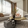 Modern Living Room With Brown White Sofas Round Coffee Table Rug And Plants