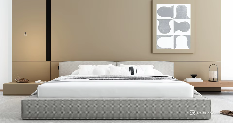 Modern Double Bed with Upholstered Headboard White Bedding and Beige Wall Abstract Painting 3d model 