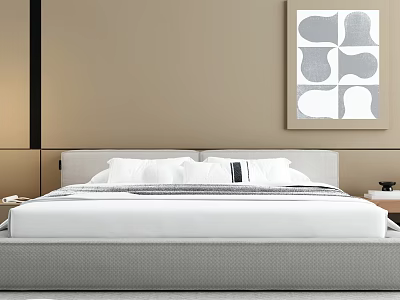 Modern Double Bed with Upholstered Headboard White Bedding and Beige Wall Abstract Painting 3d model