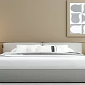 Modern Double Bed with Upholstered Headboard White Bedding and Beige Wall Abstract Painting