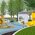Children's Play Area With Green Lawn Circular Paths Yellow Slide And Play Structures