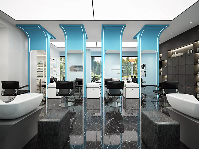 Modern Bright Blue Beauty Hair Salon Interior With Professional Hairdressing Stations And Glossy Marble Floors 3d model