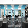 Modern Bright Blue Beauty Hair Salon Interior With Professional Hairdressing Stations And Glossy Marble Floors