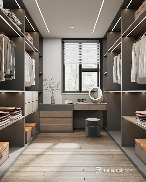 Modern Walk in Closet Interior Design With Hanging Folded Clothes Vanity Mirror Window And Stool 3d model 