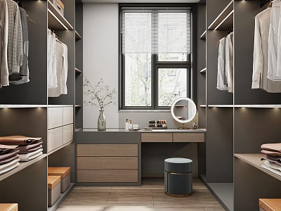 Modern Walk in Closet Interior Design With Hanging Folded Clothes Vanity Mirror Window And Stool 3d model