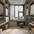 Modern Walk in Closet Interior Design With Hanging Folded Clothes Vanity Mirror Window And Stool