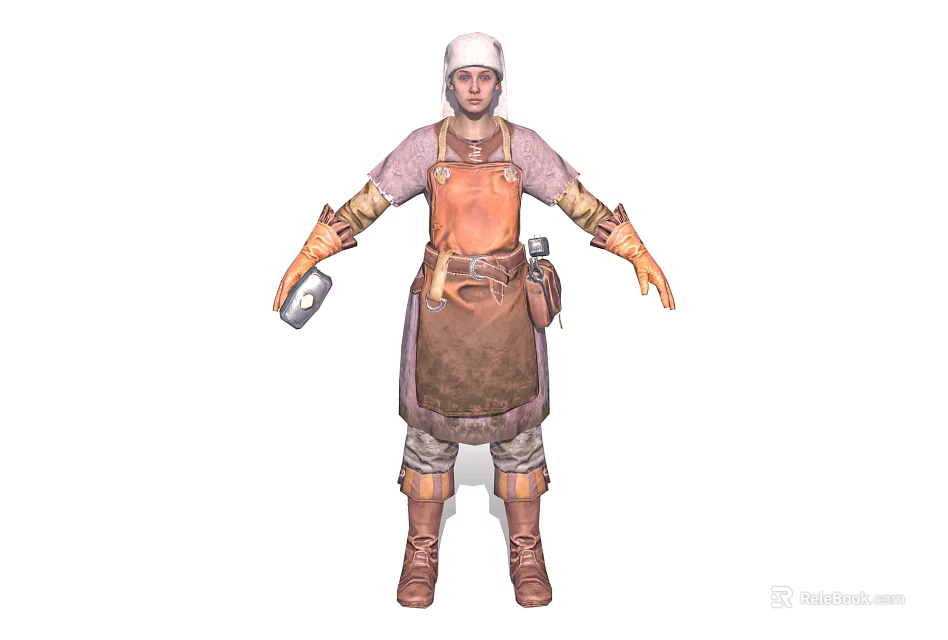 Detailed Medieval Craftsman Character Wearing Apron Hat And Gloves Holding Tool 3d model 