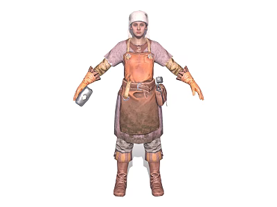 Detailed Medieval Craftsman Character Wearing Apron Hat And Gloves Holding Tool 3d model
