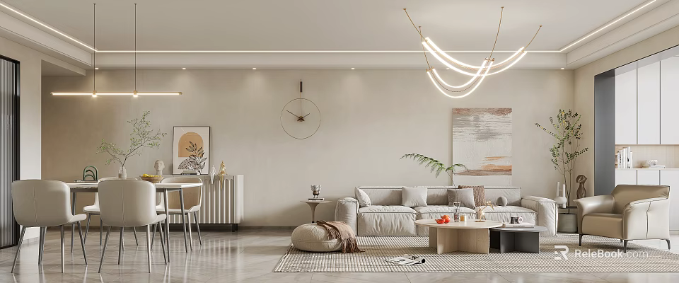 Modern Living Dining Room Interior With Beige Sofa Coffee Table And Artwork 3d model 