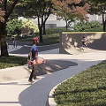 Scenic Park Landscape Featuring Curved Pathways Trees Grass And Skateboarding Area