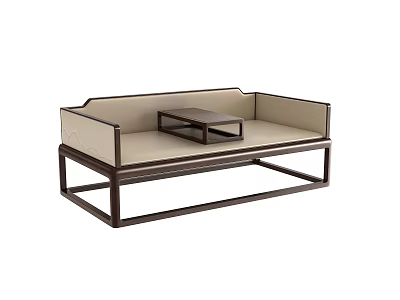 Modern Chinese Style Daybed With Wooden Frame Beige Cushion And Small Coffee Table 3d model