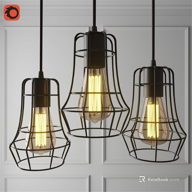 Industrial Style Pendant Lights With Black Metal Frames And Yellow Bulbs On White Wall 3d model 