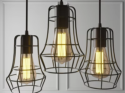 Industrial Style Pendant Lights With Black Metal Frames And Yellow Bulbs On White Wall 3d model