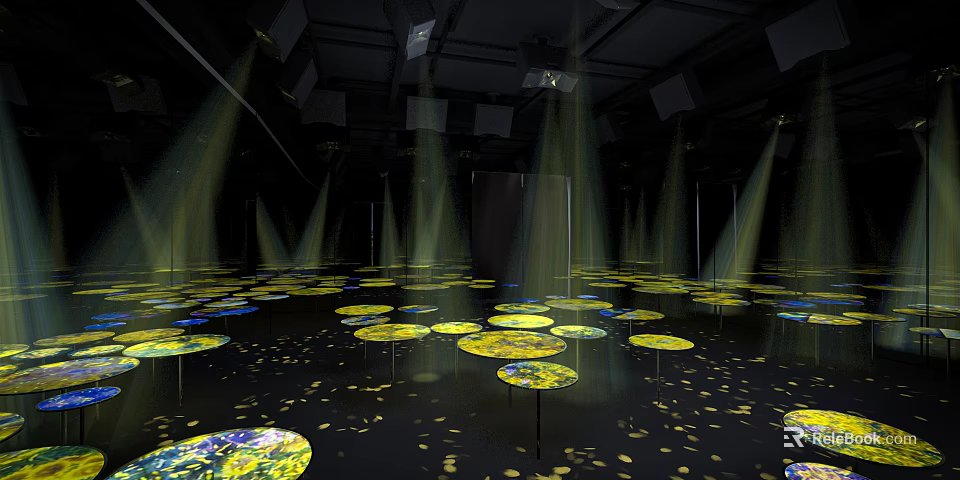 Illuminated Round Tables With Yellow Light Beams In Black Art Exhibition Space 3d model 
