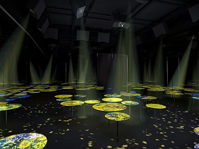 Illuminated Round Tables With Yellow Light Beams In Black Art Exhibition Space 3d model