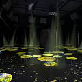 Illuminated Round Tables With Yellow Light Beams In Black Art Exhibition Space
