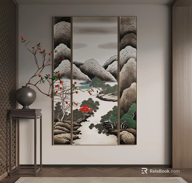 Traditional Chinese Landscape Painting With Mountains River Red Trees And Vase On Wooden Stand 3d model 