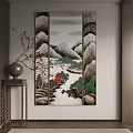 Traditional Chinese Landscape Painting With Mountains River Red Trees And Vase On Wooden Stand
