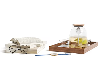 Decorative Ornament Combination with Stack of Books Eyeglasses Glass Teapot Blue Wristwatch and Wooden Tray 3d model