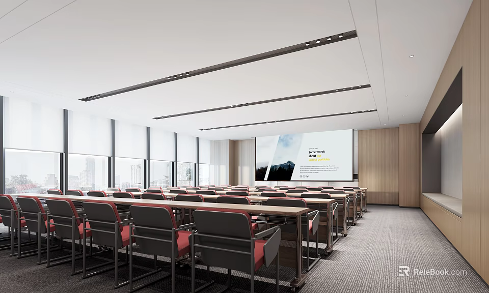 Modern Conference Room Interior With Large Projection Screen Tables And Windows Design 3d model