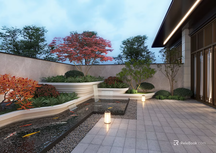 Serene Courtyard Garden With Koi Pond Stone Lanterns Red Maple Tree And Stone Paving 3d model 