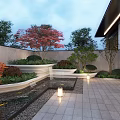 Serene Courtyard Garden With Koi Pond Stone Lanterns Red Maple Tree And Stone Paving