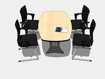 Oval Wooden Conference Table With Four Black Chairs Metal Frames And Tablet Documents 3d model