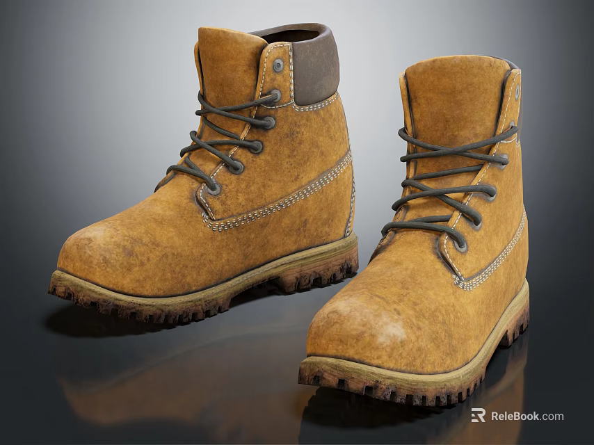 Yellow Lace Up Boots With Leather Material And Rugged Textured Sole Casual Design 3d model 