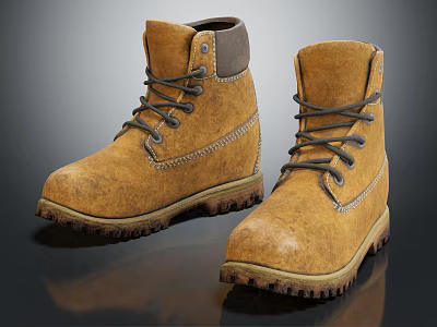 Yellow Lace Up Boots With Leather Material And Rugged Textured Sole Casual Design 3d model