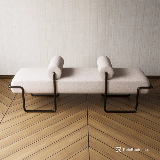 Light Beige Sofa Bench with Cylindrical Armrests Black Metal Frame on Wooden Herringbone Floor 3d model 