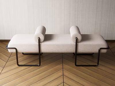 Light Beige Sofa Bench with Cylindrical Armrests Black Metal Frame on Wooden Herringbone Floor 3d model