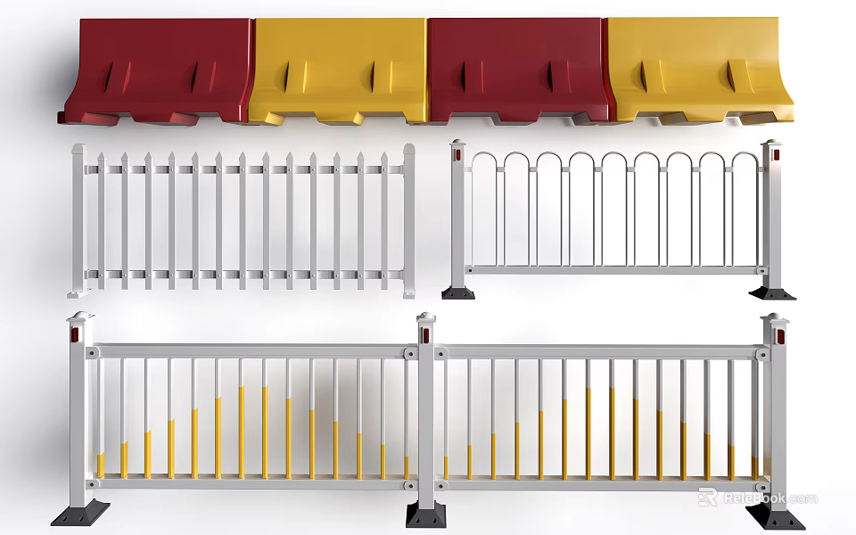 Various Styles Of Metal Traffic Railings In Red Yellow And White Colors 3d model 