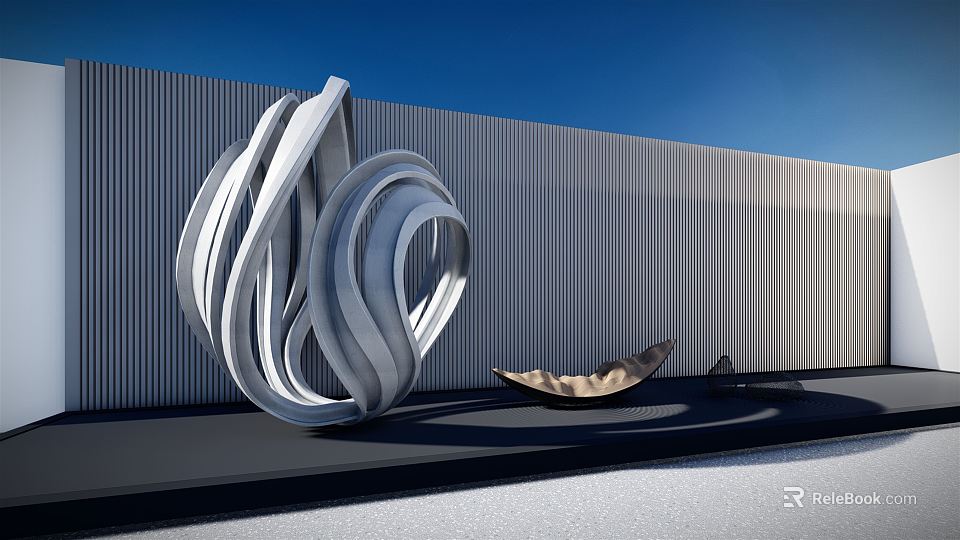 Modern White Curved Landscape Sculpture Against Gray Wall With Brown Rest Seat 3d model 