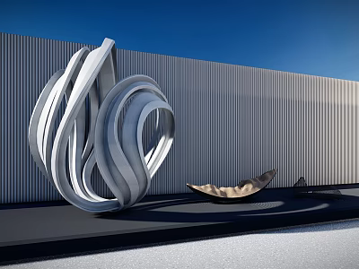 Modern White Curved Landscape Sculpture Against Gray Wall With Brown Rest Seat 3d model