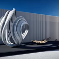 Modern White Curved Landscape Sculpture Against Gray Wall With Brown Rest Seat