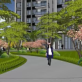 Beautiful Residential Landscape With High Rise Building Tree Lined Pathway Pink Flowers And Lawn