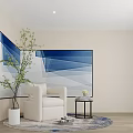 Modern Single Sofa Interior Featuring Blue White Geometric Wall Art Green Plant And Side Table