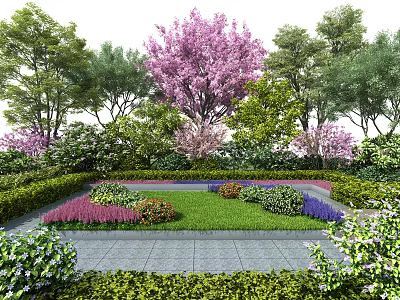 Vibrant Garden Landscape With Colorful Flowers Green Plants And Pink Blossom Tree Along Stone Path 3d model