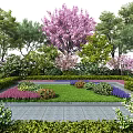 Vibrant Garden Landscape With Colorful Flowers Green Plants And Pink Blossom Tree Along Stone Path