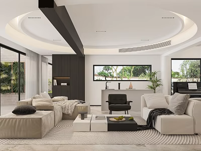Modern Living Dining Room Interior With Beige Sofa Black Chair Rug And Green Plants 3d model