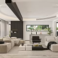 Modern Living Dining Room Interior With Beige Sofa Black Chair Rug And Green Plants