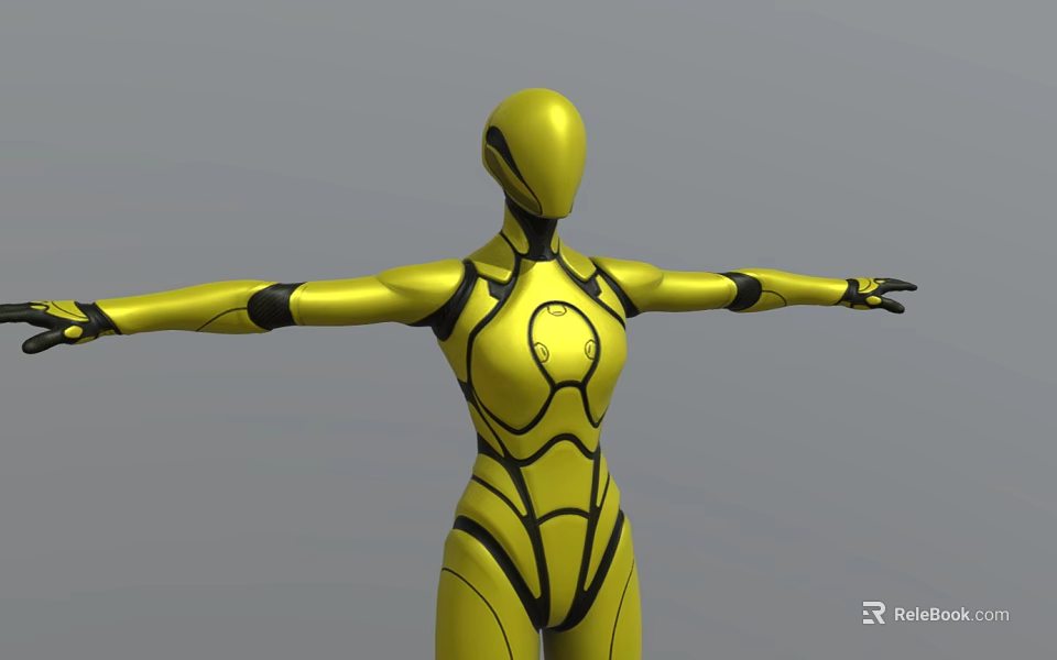 Futuristic Yellow Female Robot With Black Lines And Arms Outstretched In Pose 3d model 