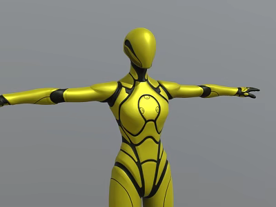Futuristic Yellow Female Robot With Black Lines And Arms Outstretched In Pose 3d model