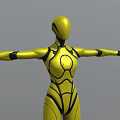 Futuristic Yellow Female Robot With Black Lines And Arms Outstretched In Pose