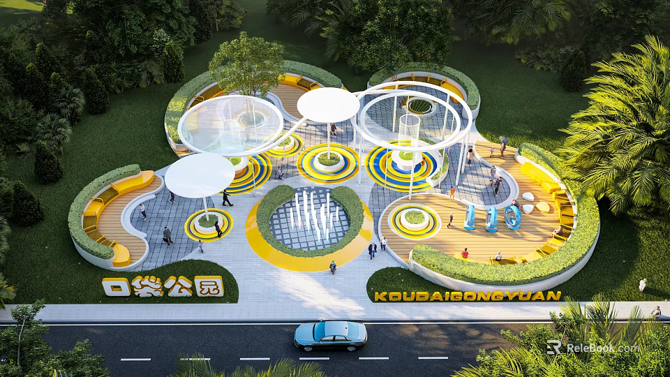 Pocket Park Landscape With Circular Structures White Canopies Yellow Green Pathways And People Activities 3d model 