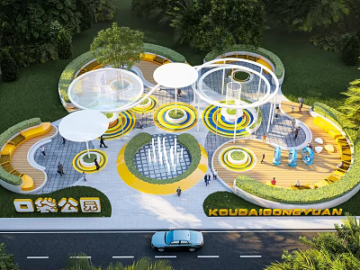 Pocket Park Landscape With Circular Structures White Canopies Yellow Green Pathways And People Activities 3d model