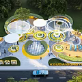 Pocket Park Landscape With Circular Structures White Canopies Yellow Green Pathways And People Activities