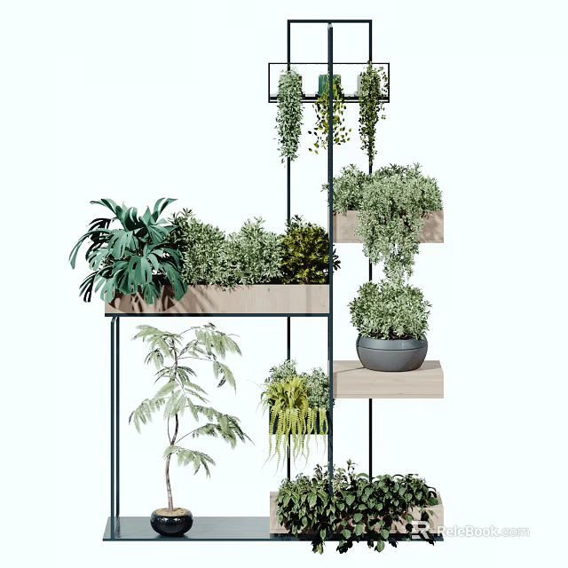 Indoor Decorative Potted Plants On Multi Tiered Shelf With Various Green Species And Stylish Planters 3d model 